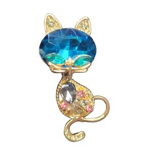 Elegant Blue and Gold Cat Brooch